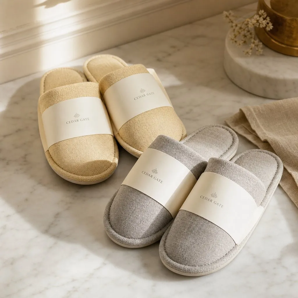 Linen Hotel Slippers (Willow-Leaf Sole) — alternate angle showing cap and back of pack