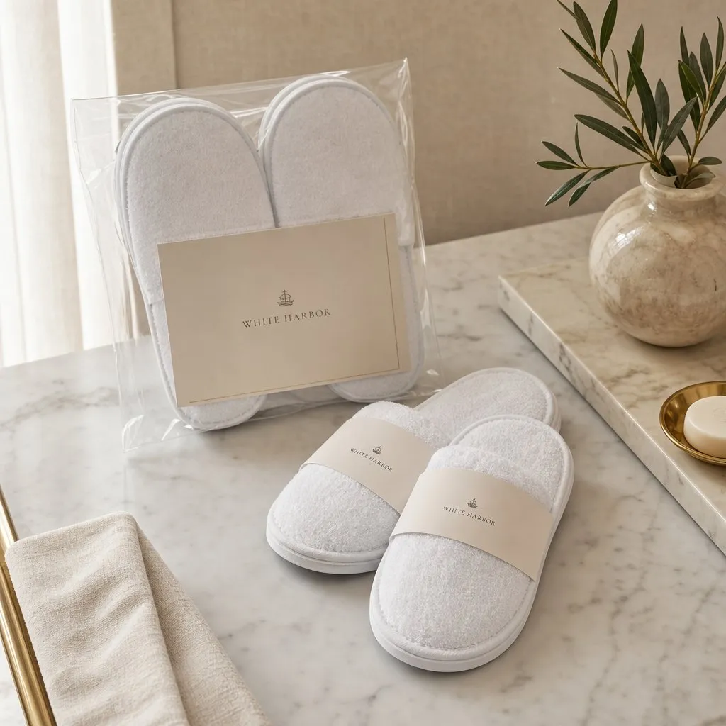 Terry Spa Slippers (Towelling) — alternate angle showing cap and back of pack