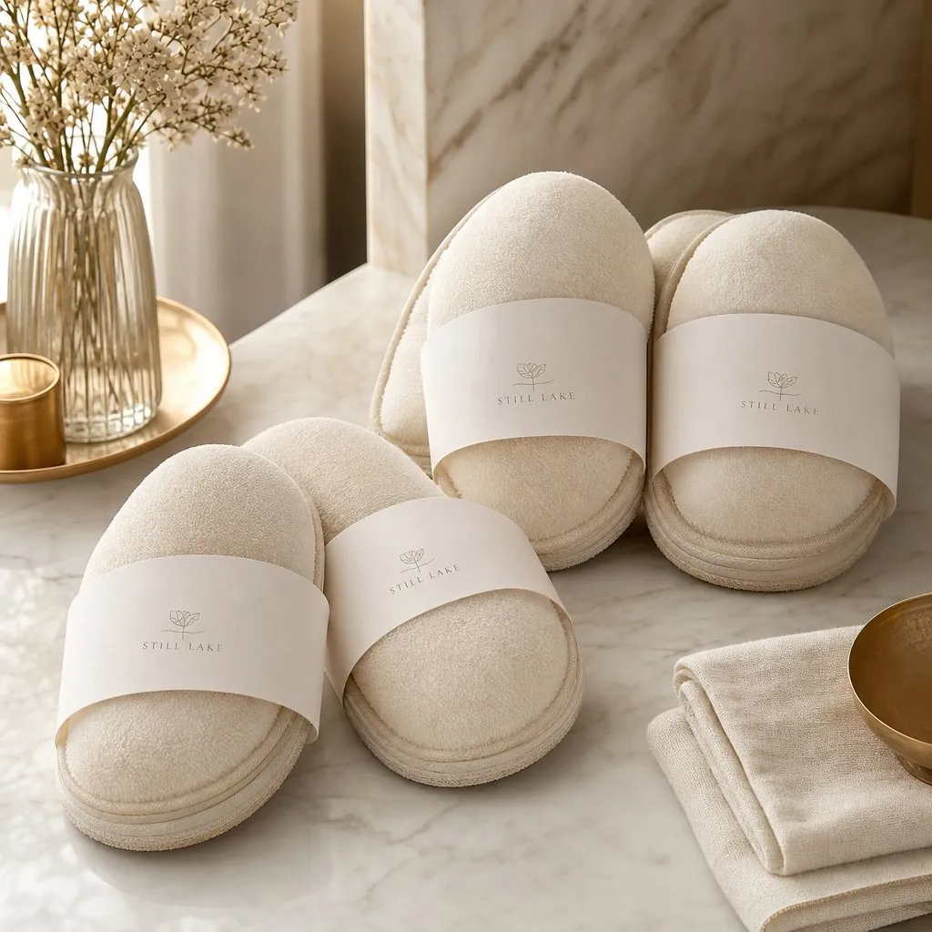 Coral Fleece Hotel Slippers — alternate angle showing cap and back of pack
