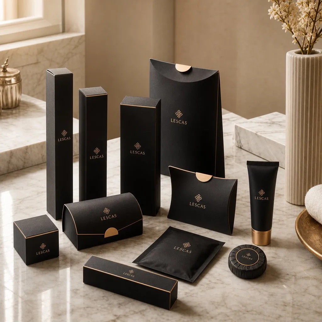 LESCAS Mystery Gold Amenity Kit (Black Card Box) — alternate angle showing cap and back of pack