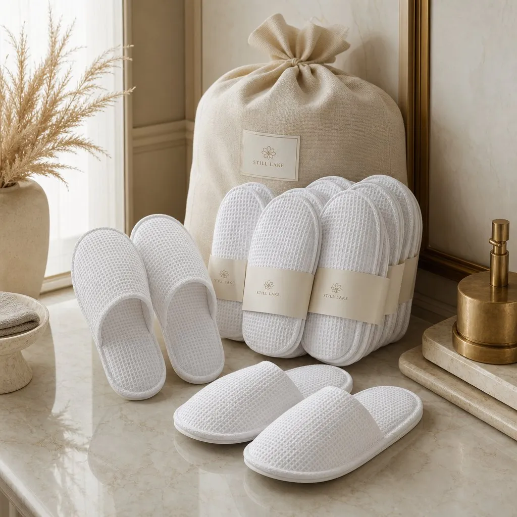 Waffle Disposable Hotel Slippers — alternate angle showing cap and back of pack
