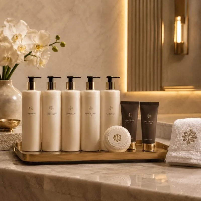Luxury hotel toiletries by UMYAN — cream pump bottles, dark tubes and a pleated soap on a brass tray at a marble vanity