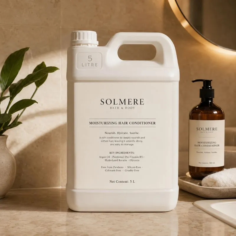 Bulk hotel amenity refill by UMYAN — a 5L jug of conditioner with a 500ml refillable pump bottle, lowering cost per room