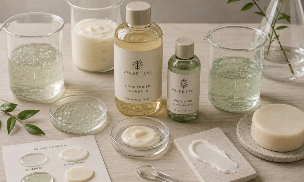 Custom hotel amenity formulas by UMYAN — shampoo, conditioner and body wash textures in lab beakers with formula swatches, from 1,000+ bases