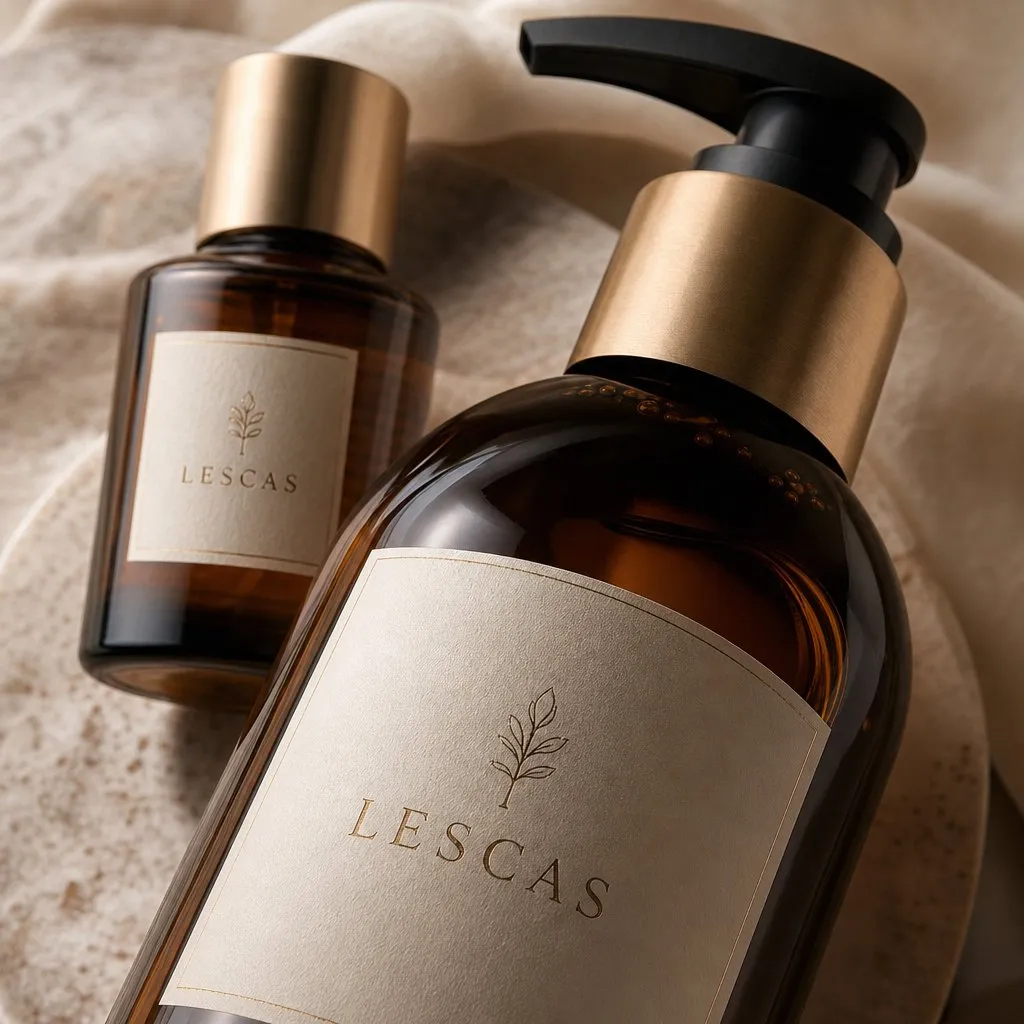 LESCAS Amber Sandalwood Bath Series (30ml & 300ml) — close-up of material and label detail