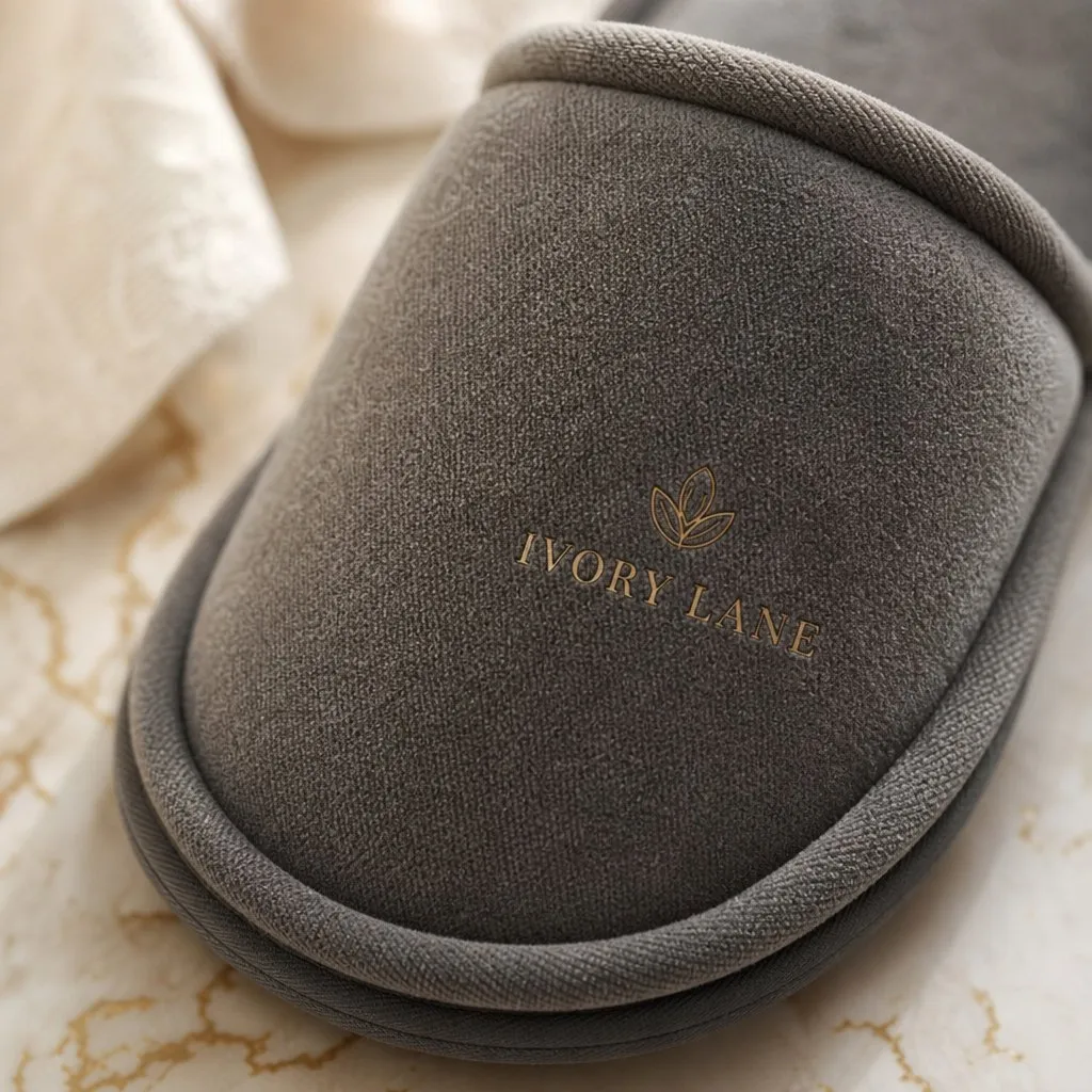 Pearl Cotton Hotel Slippers (EPE Sole) — close-up of material and label detail