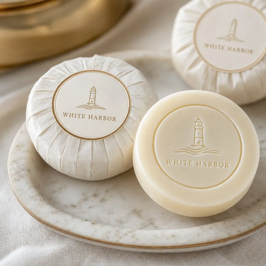 Pleated Hotel Guest Soap — close-up of material and label detail