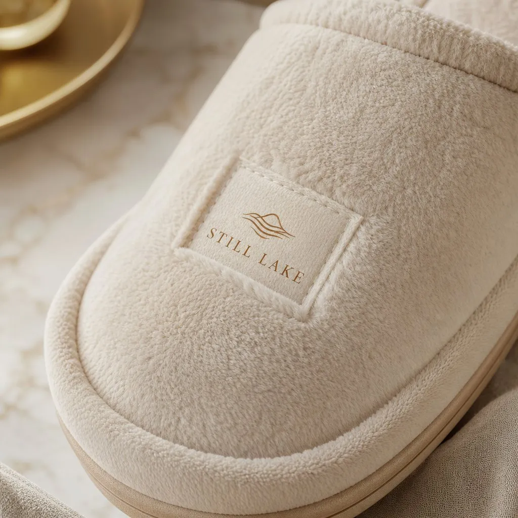 Coral Fleece Hotel Slippers — close-up of material and label detail