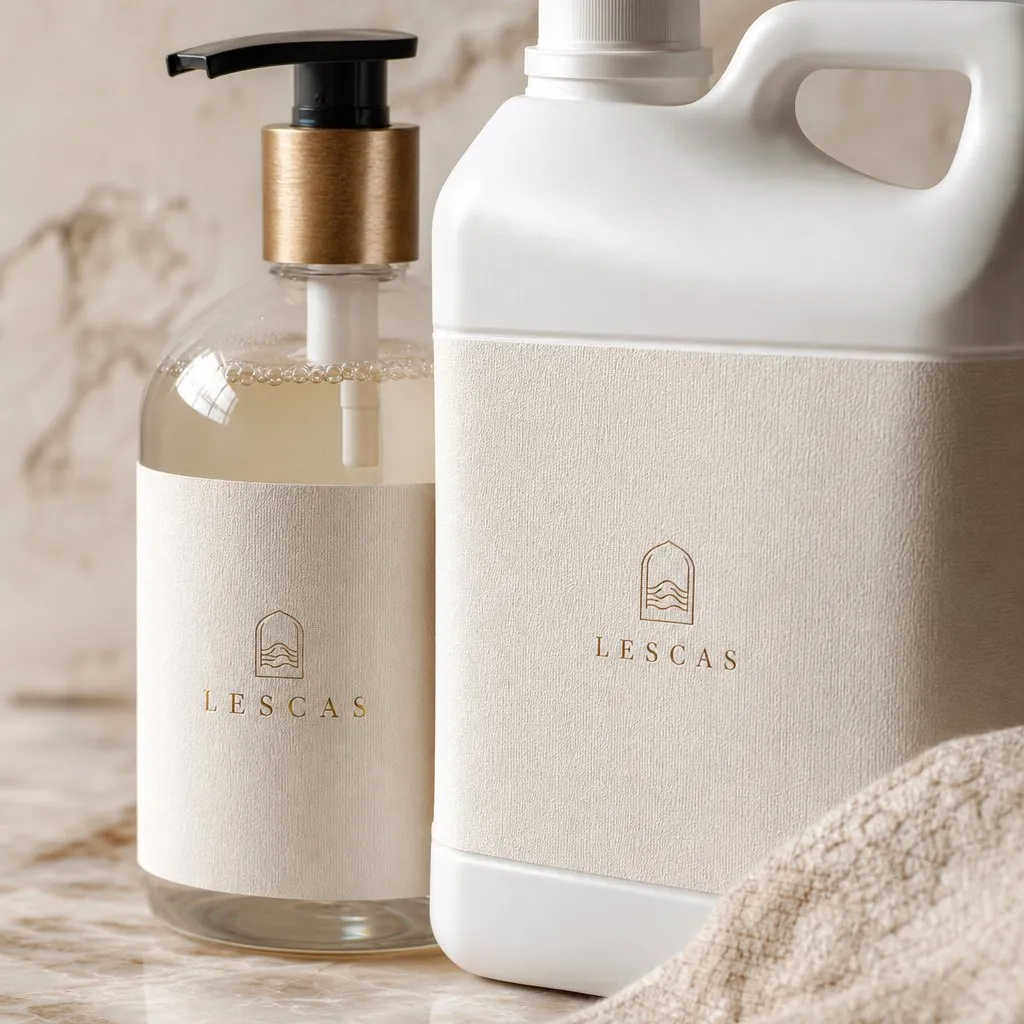 LESCAS Breeze Hotel Bath Line (400ml & 5L) — close-up of material and label detail