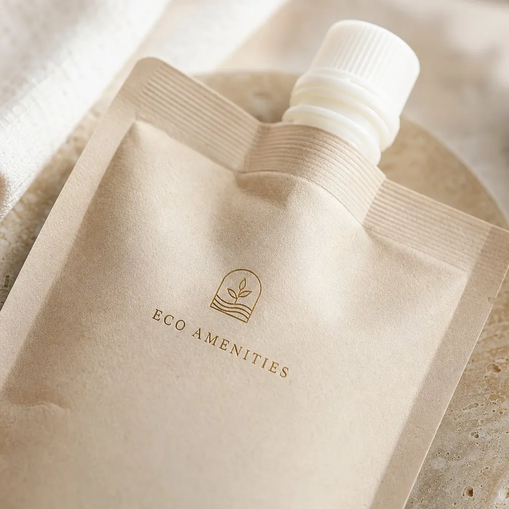 Kraft Spout Bags — 30ml Eco Wash Pouches — close-up of material and label detail