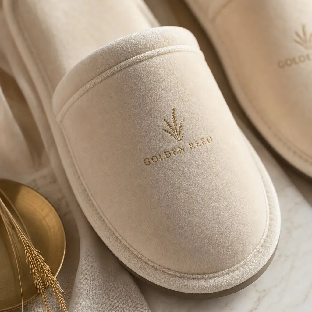 Velvet Hotel Slippers — close-up of material and label detail