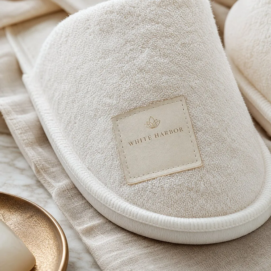 Terry Spa Slippers (Towelling) — close-up of material and label detail