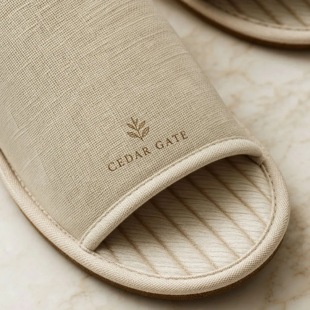 Linen Hotel Slippers (Willow-Leaf Sole) — close-up of material and label detail