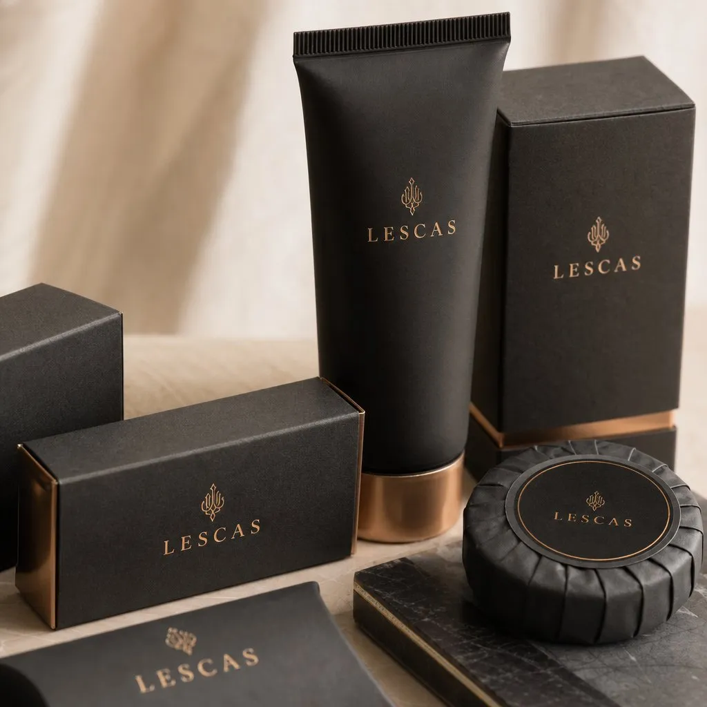 LESCAS Mystery Gold Amenity Kit (Black Card Box) — close-up of material and label detail