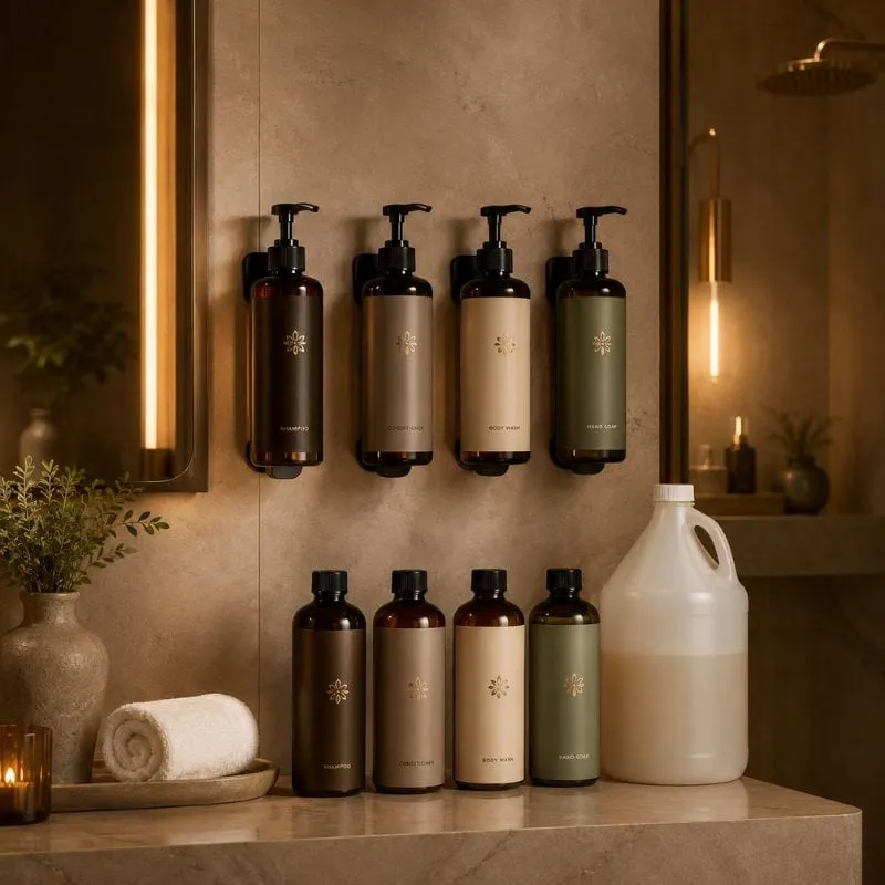 Wall-mounted hotel soap dispensers by UMYAN — four amber pump bottles on brackets with a bulk refill jug