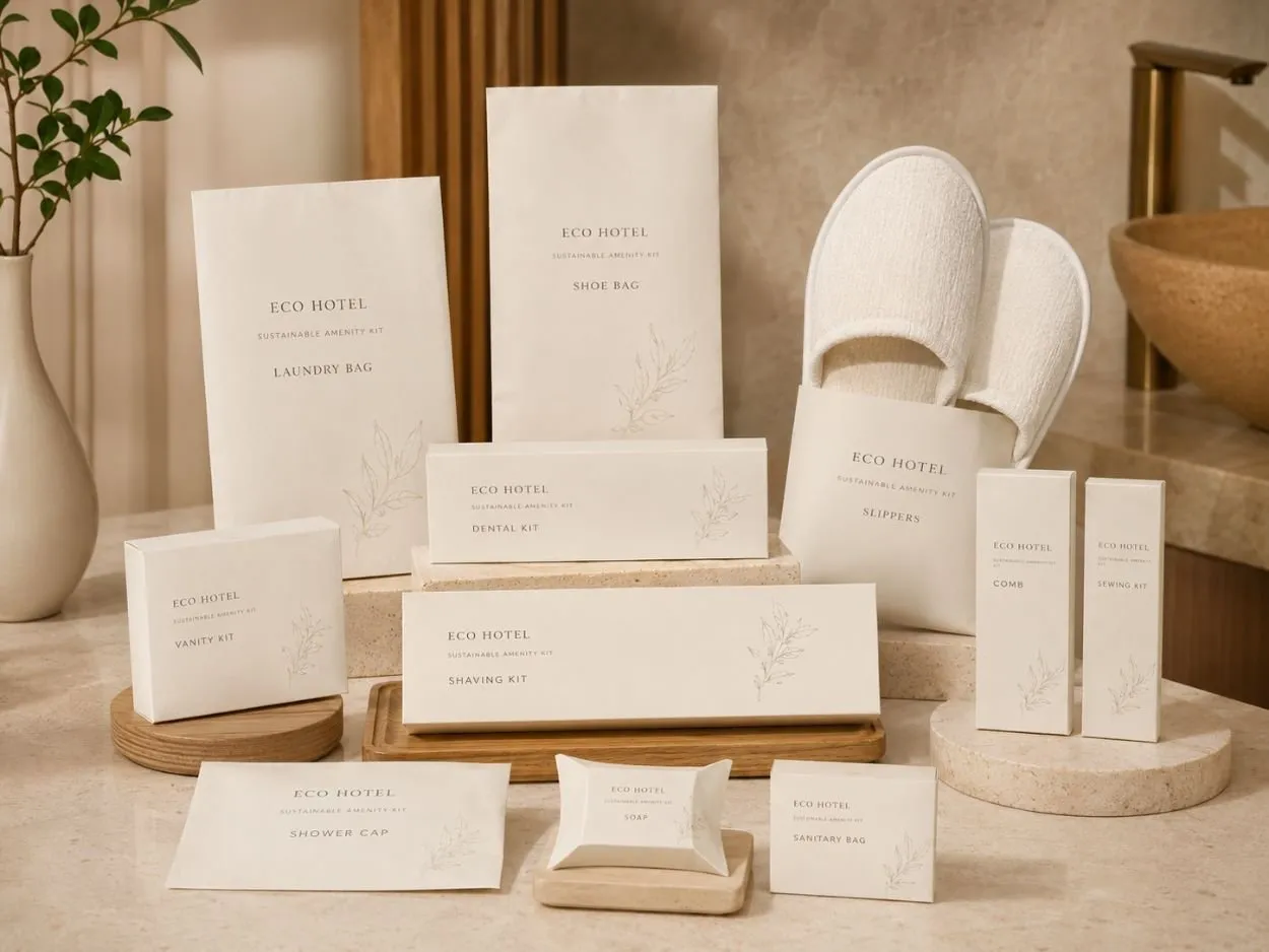 Biodegradable hotel amenities in kraft and sugarcane paper packaging