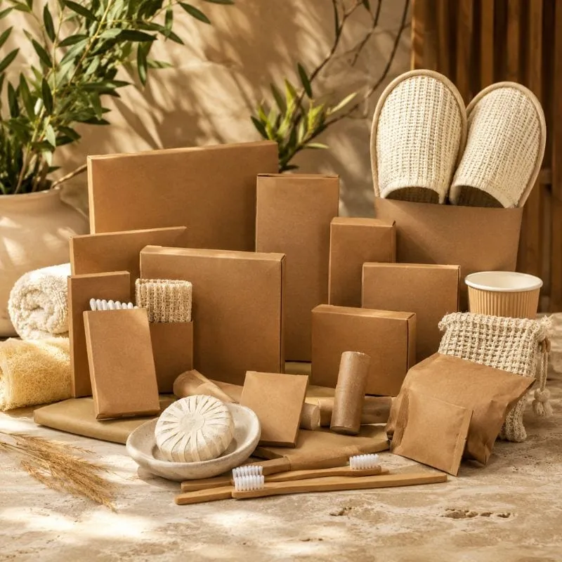 Eco hotel amenities by UMYAN — kraft paper boxes, bamboo toothbrushes, loofah, soap and woven slippers