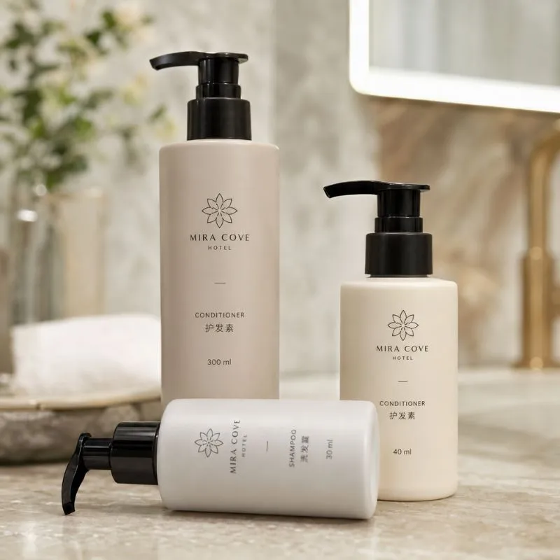Hotel conditioner by UMYAN in 30ml, 40ml and 300ml pump bottles on a bathroom counter — custom guest hair care
