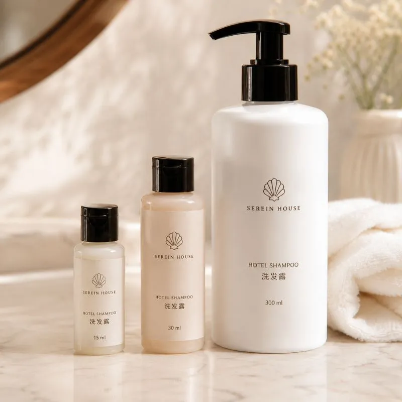 Hotel guest shampoo by UMYAN in 15ml, 30ml and 300ml pump bottles on a marble vanity — private-label bath amenities