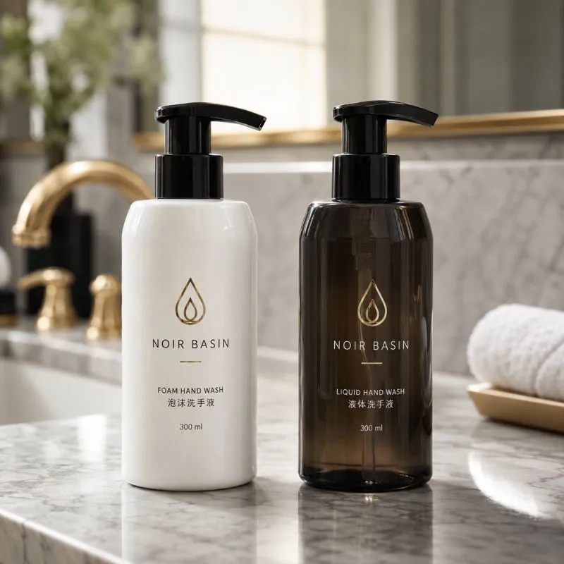 Hotel hand wash by UMYAN — foaming and liquid 300ml pump bottles on a marble vanity, for washroom or bulk refill