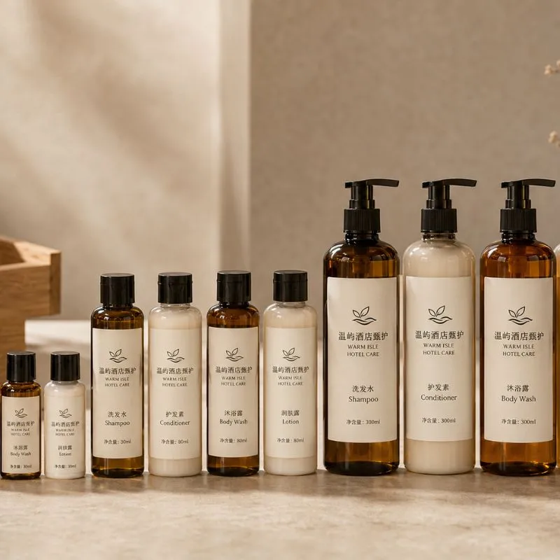 Hotel toiletry bottles by UMYAN — 30ml, 80ml and 300ml pump bottles of shampoo, conditioner, body wash and lotion in a size lineup
