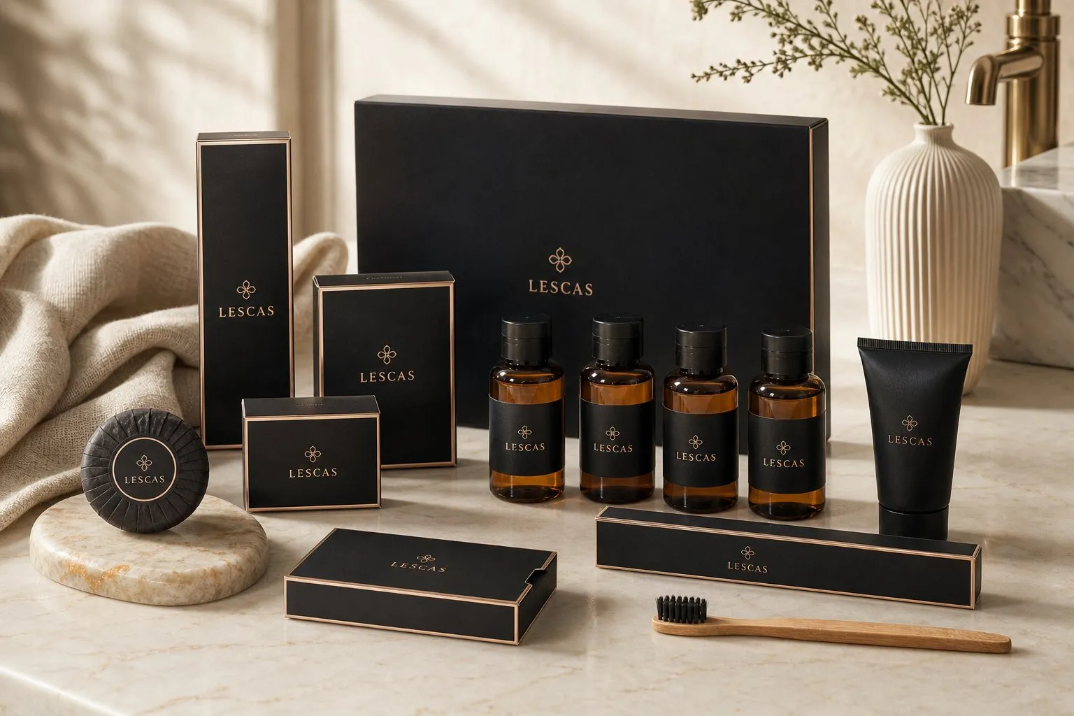 LESCAS Mystery Gold Amenity Kit (Black Card Box) — hotel amenities by UMYAN