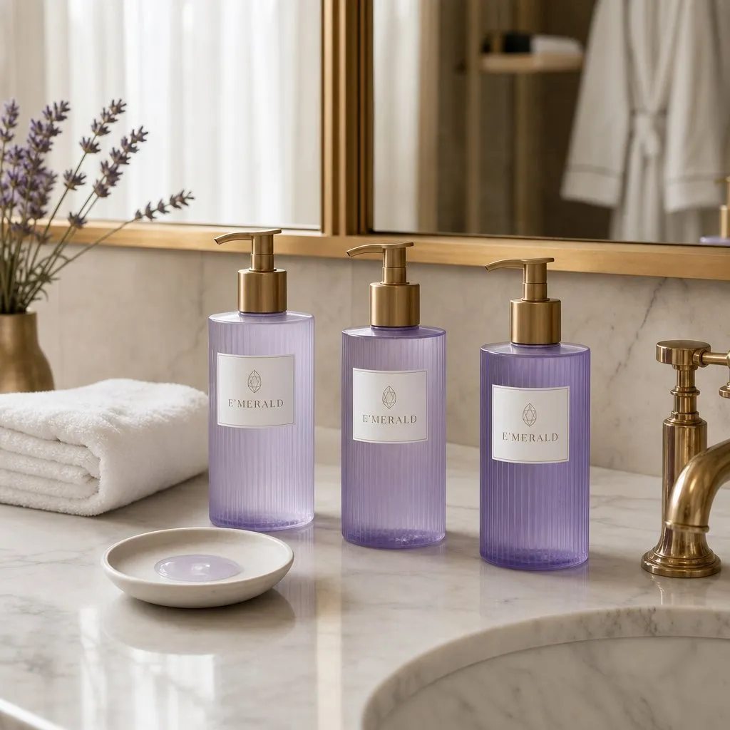 E'MERALD Lavender Fragrance Bath Series (500ml) — in use in a hotel guest room setting
