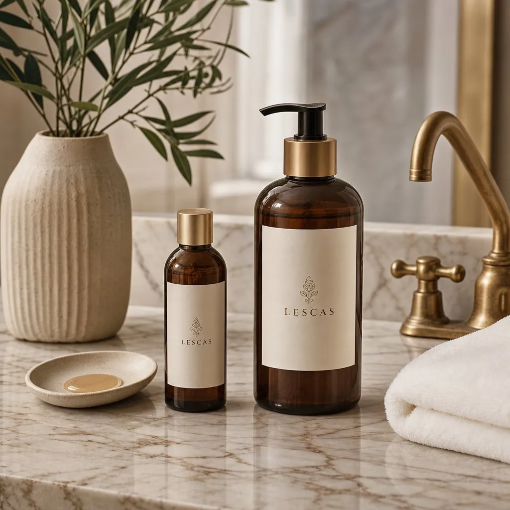 LESCAS Amber Sandalwood Bath Series (30ml & 300ml) — in use in a hotel guest room setting