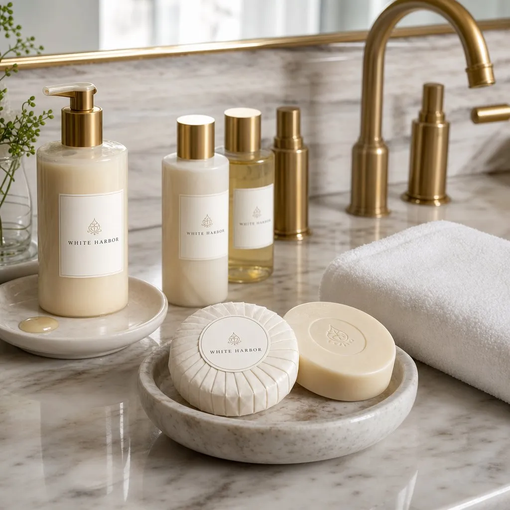 Pleated Hotel Guest Soap — in use in a hotel guest room setting