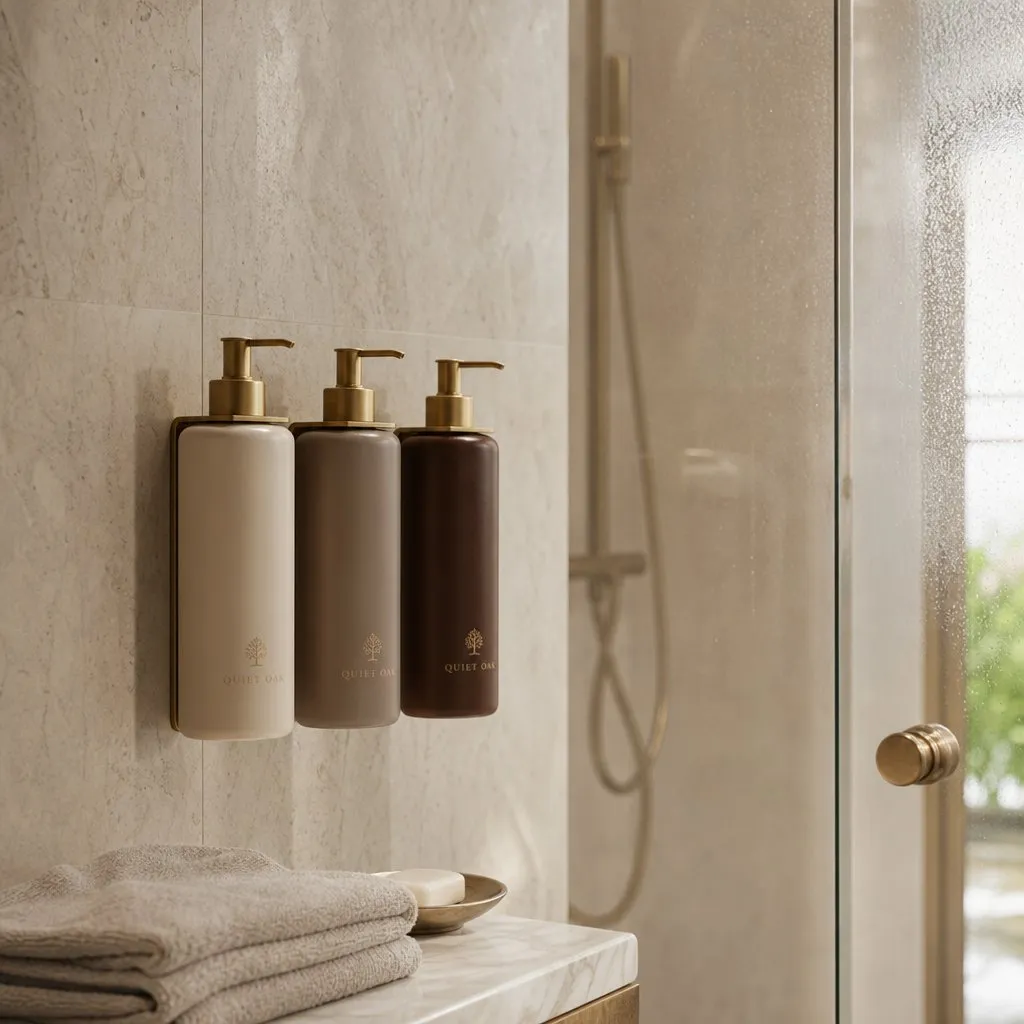 Magnetic Hotel Dispenser (Removable Bottle) — in use in a hotel guest room setting