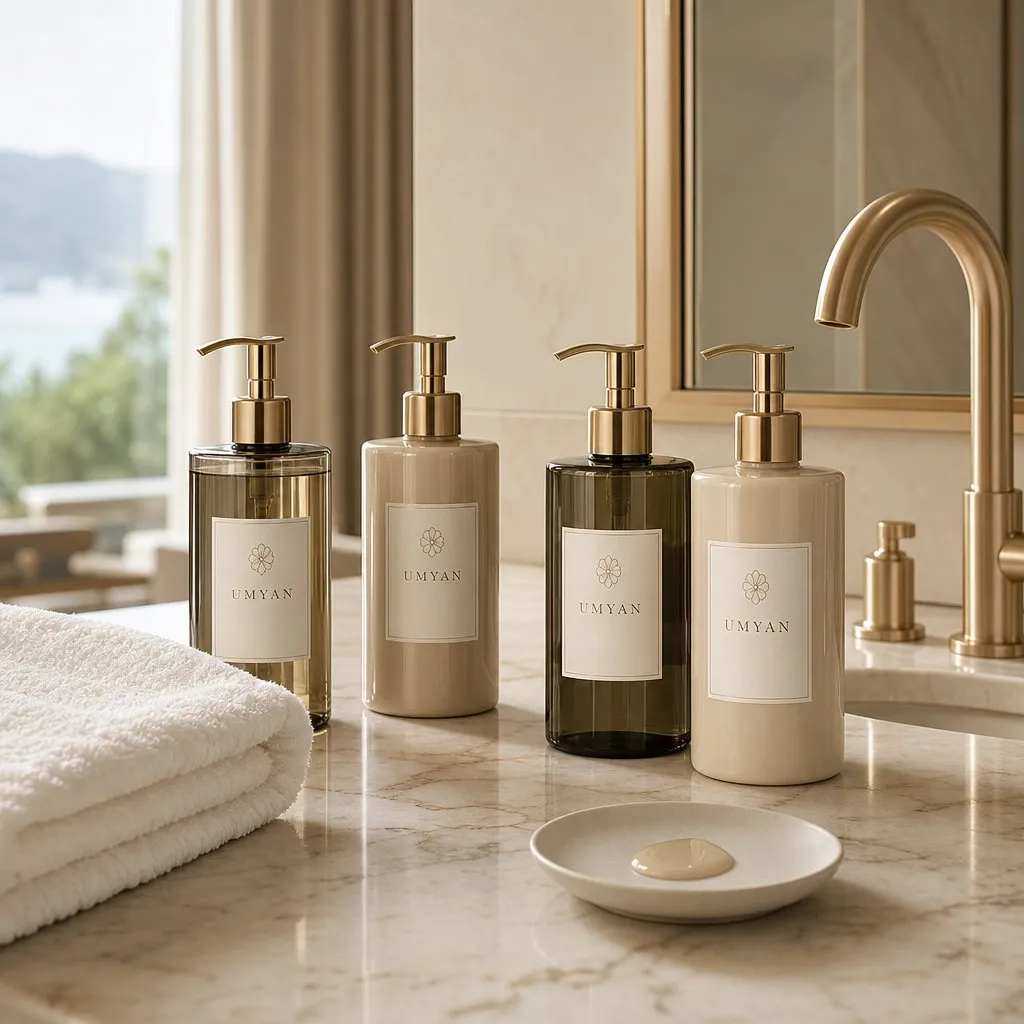 UMYAN ZhenYan Double Care Bath Series (500ml) — in use in a hotel guest room setting