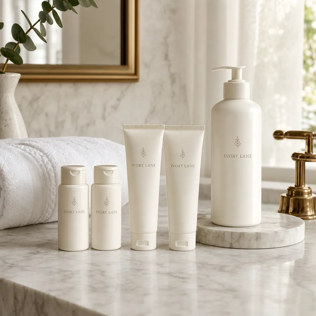Hotel Body Lotion — in use in a hotel guest room setting