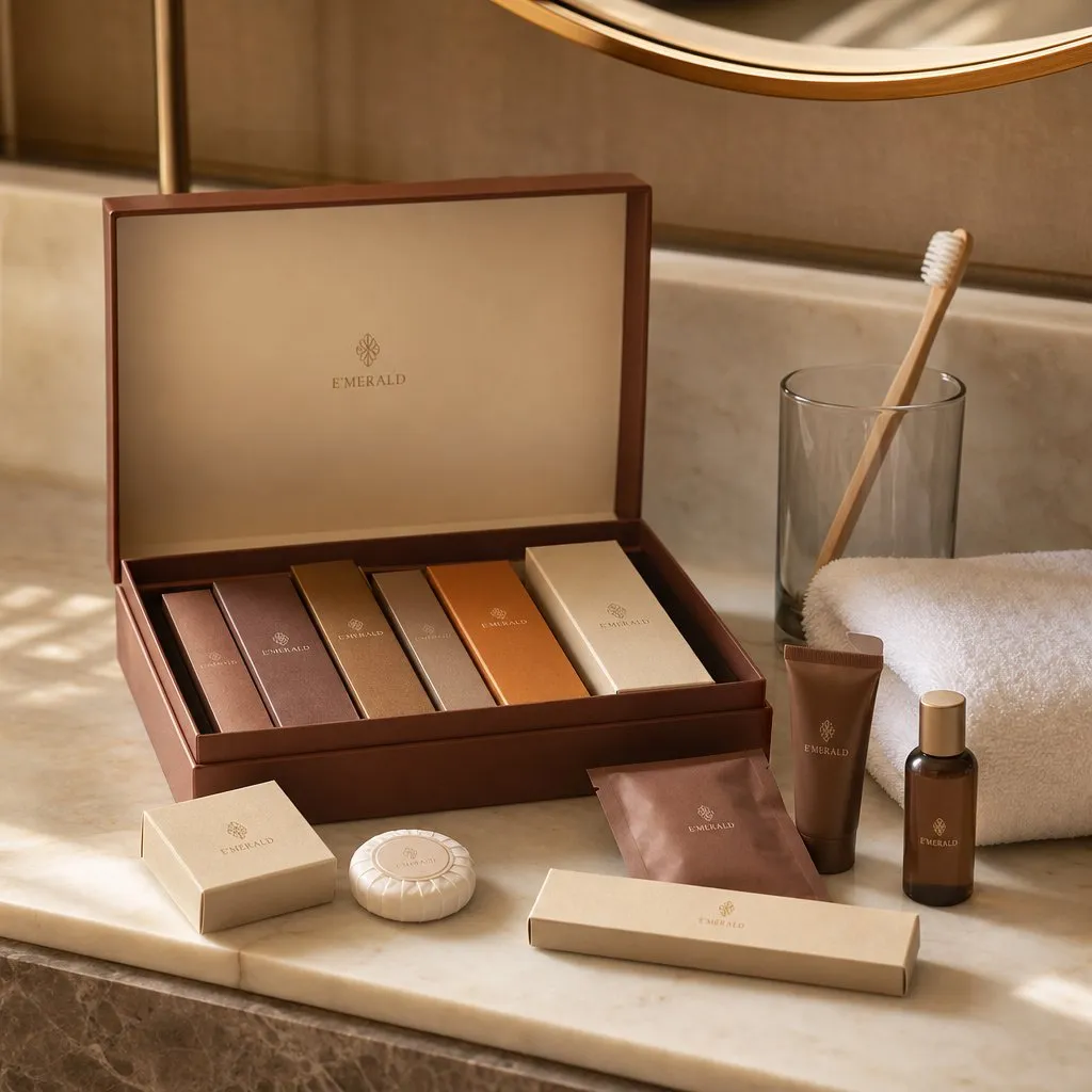 E'MERALD Lumière Terrestre Amenity Kit Series — in use in a hotel guest room setting
