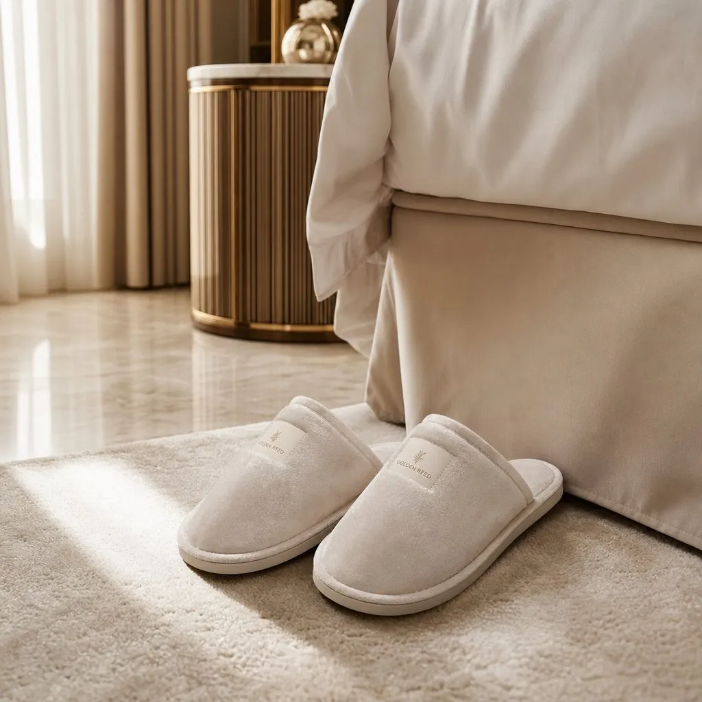 Velvet Hotel Slippers — in use in a hotel guest room setting