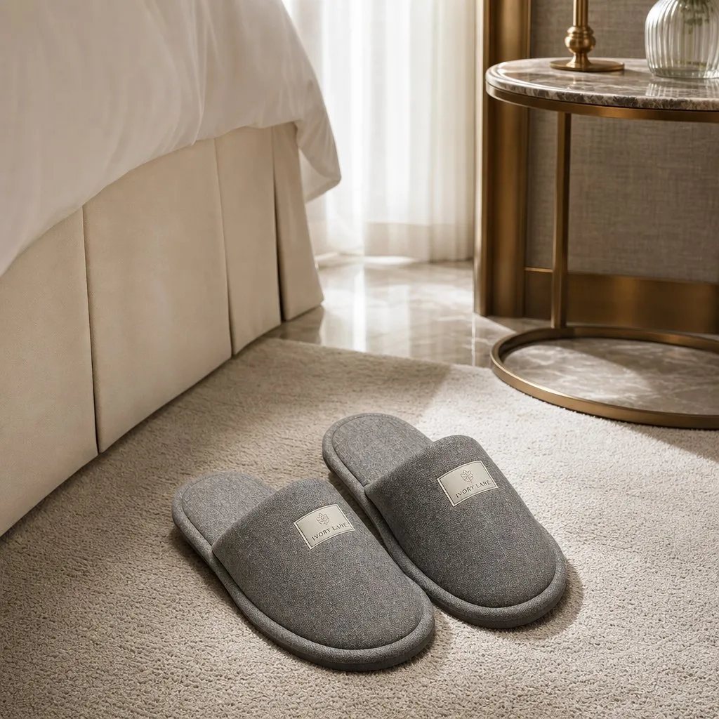 Pearl Cotton Hotel Slippers (EPE Sole) — in use in a hotel guest room setting