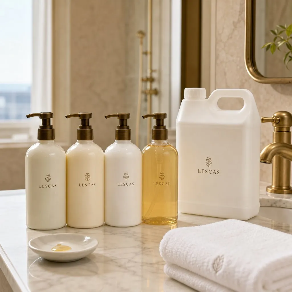 LESCAS Breeze Hotel Bath Line (400ml & 5L) — in use in a hotel guest room setting