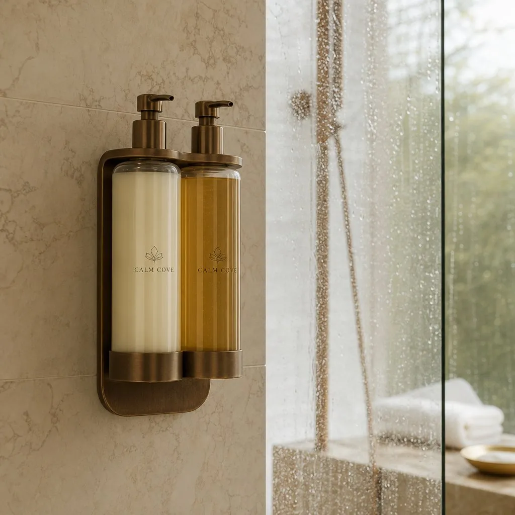 Double Wall-Mounted Dispenser — in use in a hotel guest room setting