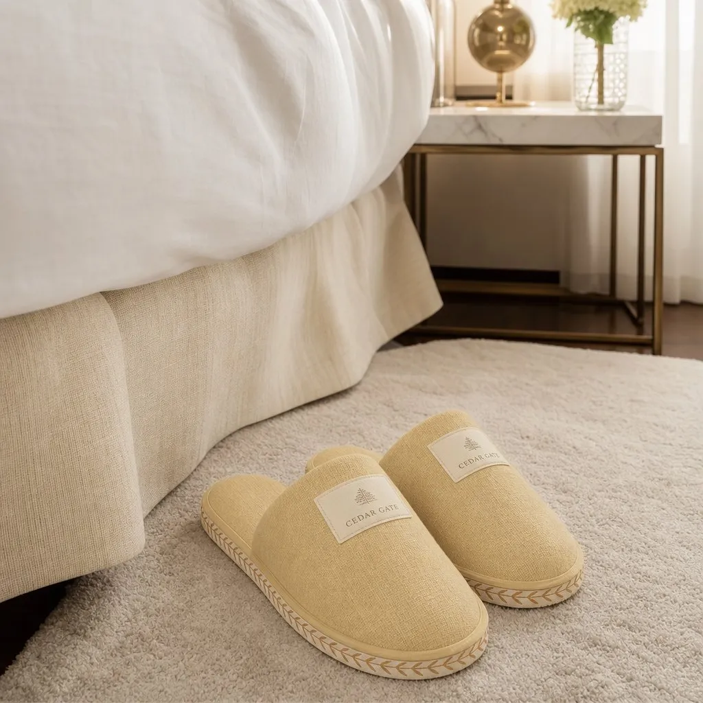Linen Hotel Slippers (Willow-Leaf Sole) — in use in a hotel guest room setting