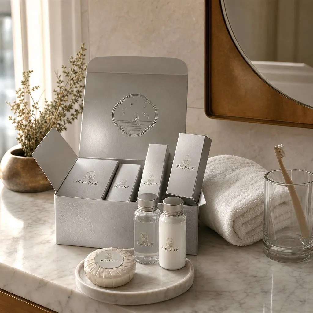 SOUMILE Moon Silver Amenity Kit (Embossed Card Box) — in use in a hotel guest room setting