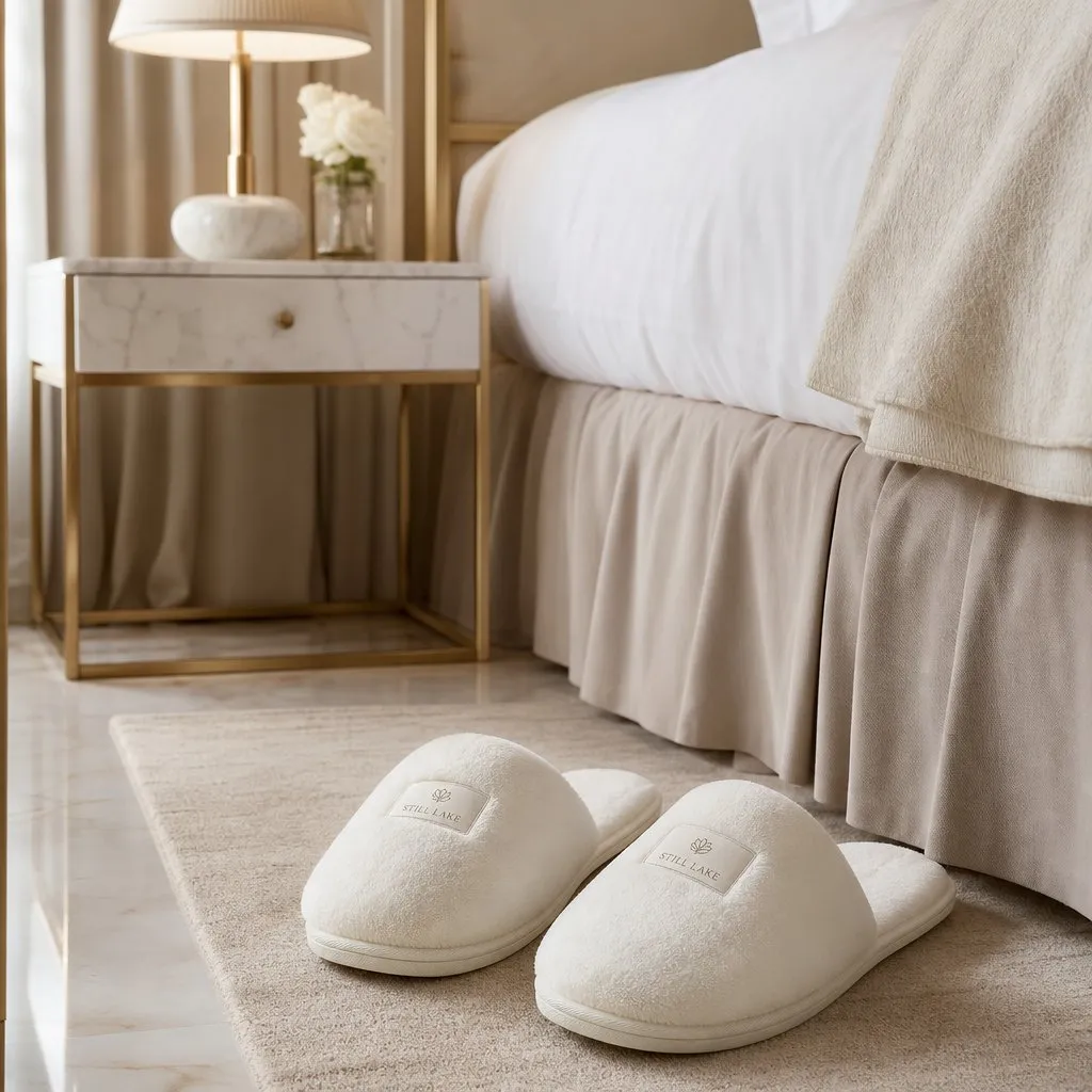 Coral Fleece Hotel Slippers — in use in a hotel guest room setting
