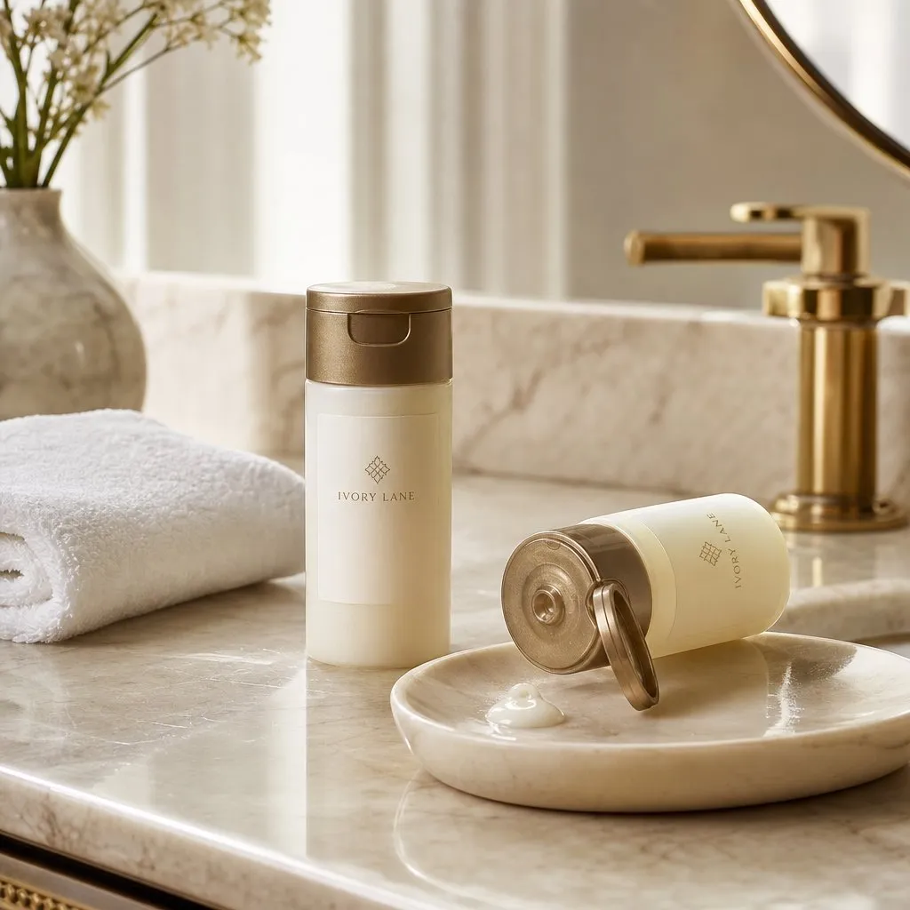 Hotel Guest Shampoo (30ml) — in use in a hotel guest room setting