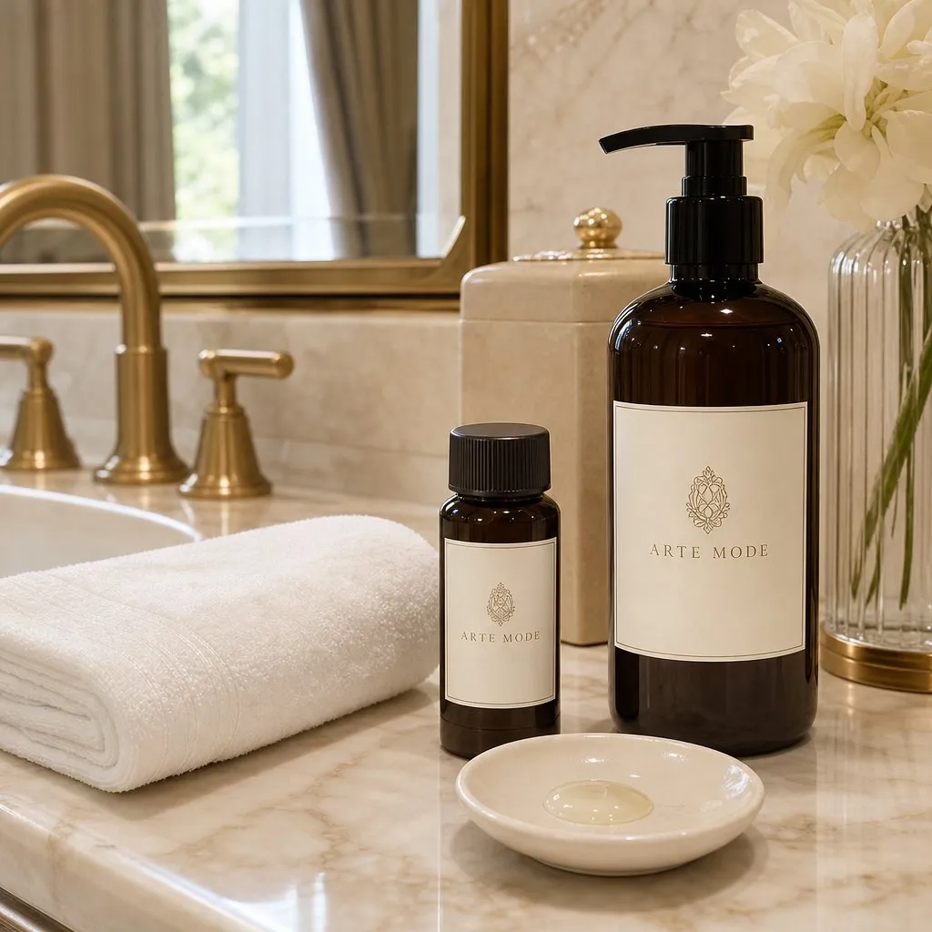 Arte Mode Argan Oil Bath Series (35ml & 300ml) — in use in a hotel guest room setting