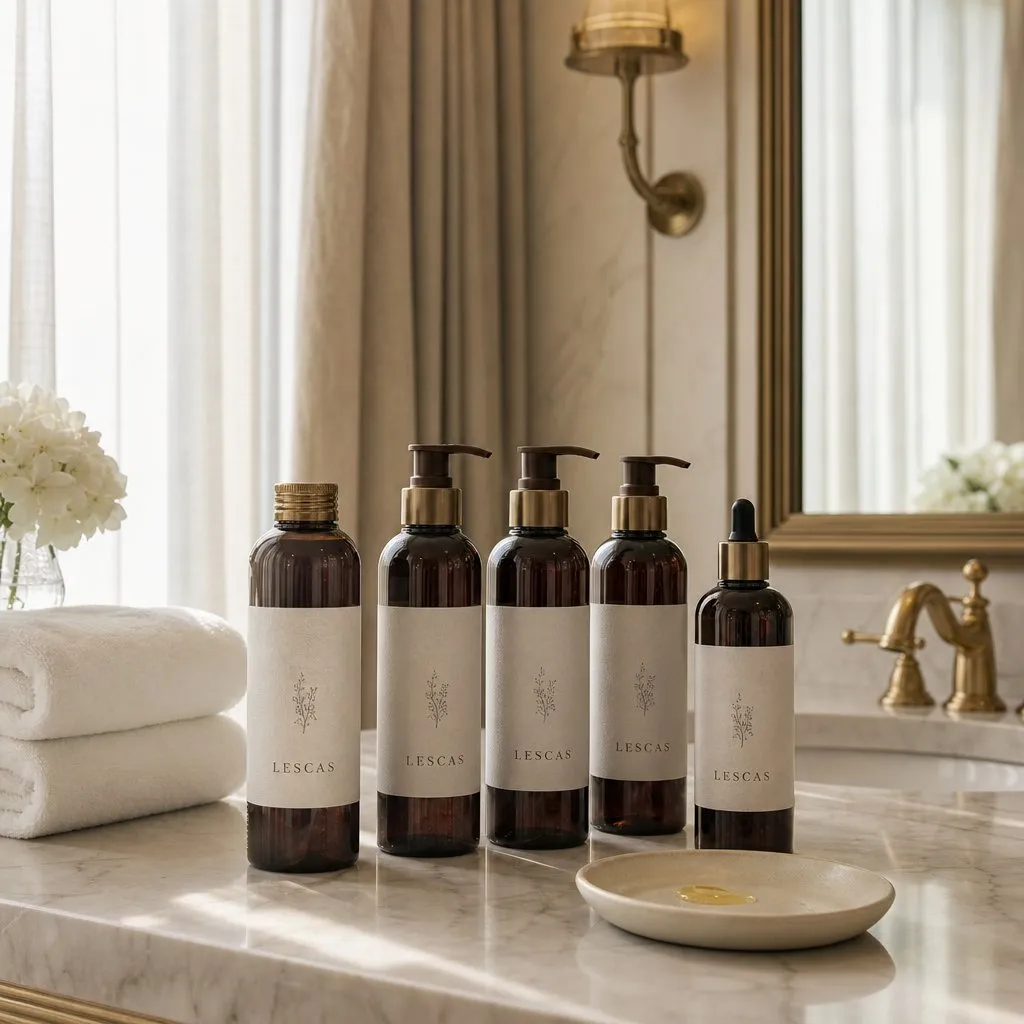 LESCAS Herbal Plant Extract Series (300ml) — in use in a hotel guest room setting