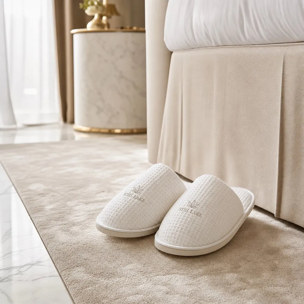 Waffle Disposable Hotel Slippers — in use in a hotel guest room setting