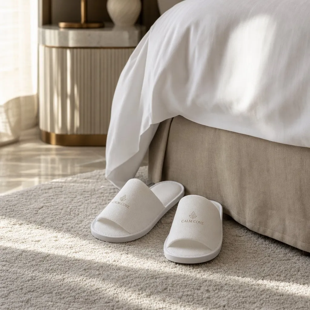 EVA Disposable Hotel Slippers — in use in a hotel guest room setting