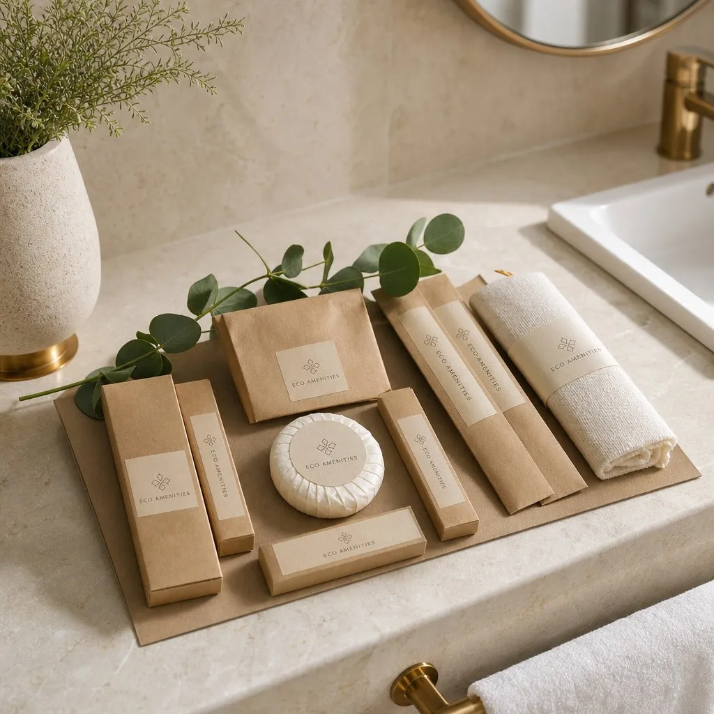 ECO Annual Ring Kraft Amenity Kit — in use in a hotel guest room setting