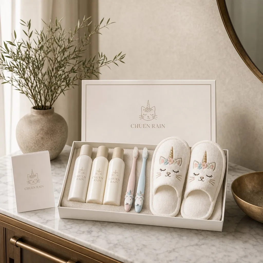 CHUEN RAIN Kids Travel Wash Set — in use in a hotel guest room setting