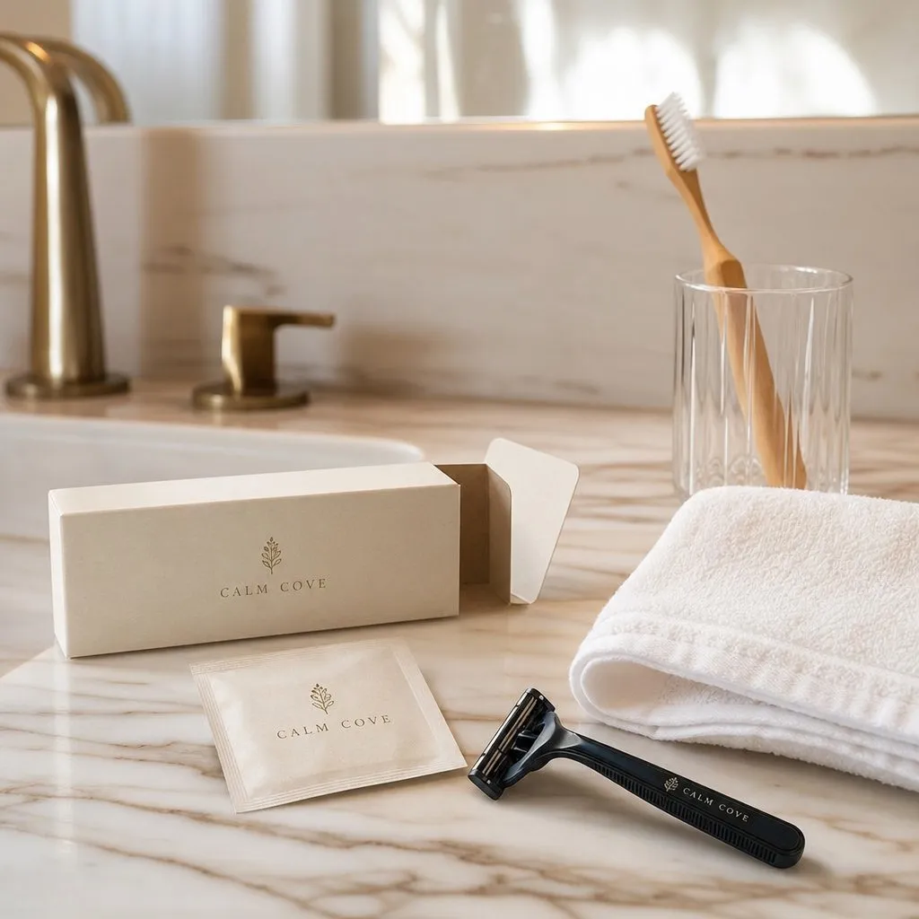 Hotel Shaving Kit — in use in a hotel guest room setting