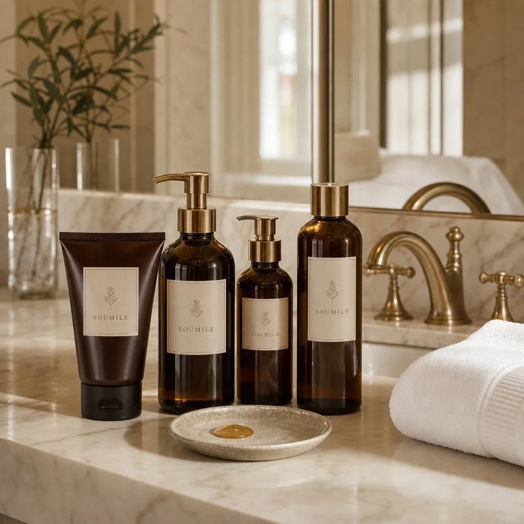 SOUMILE Sandalwood Bath Series (Trilingual Labels) — in use in a hotel guest room setting