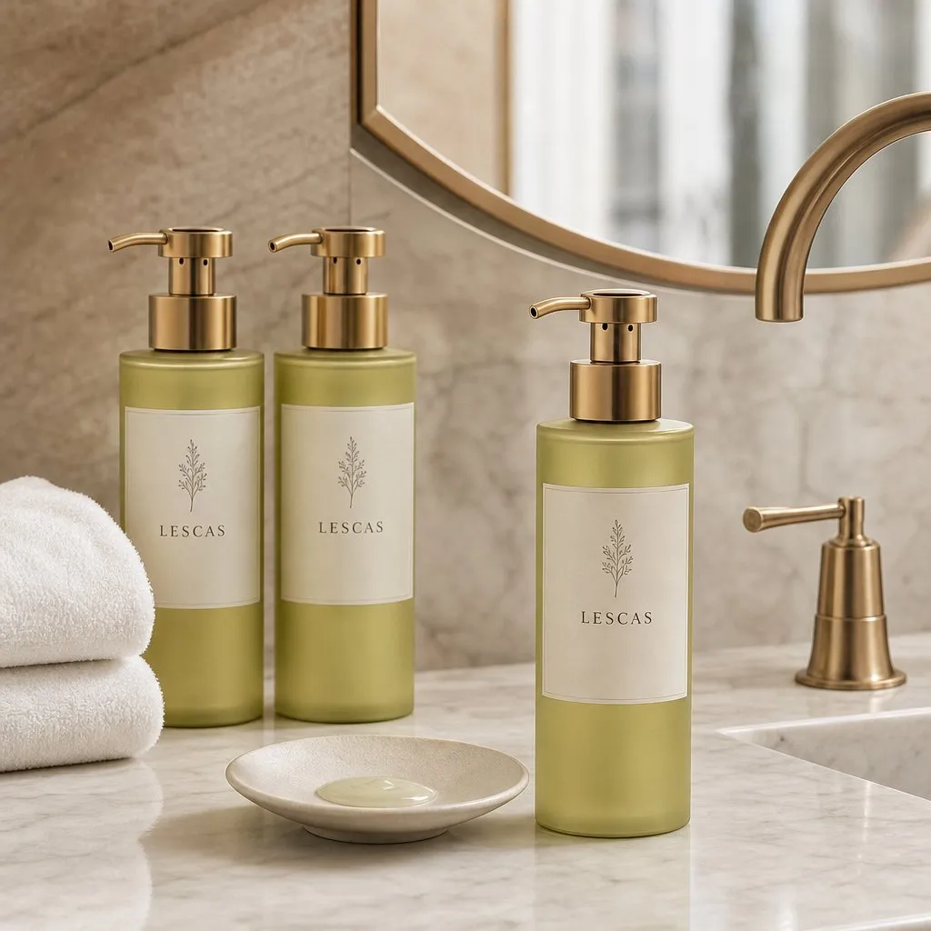 LESCAS Lemon Verbena Series (400ml, Anti-Theft Pump) — in use in a hotel guest room setting